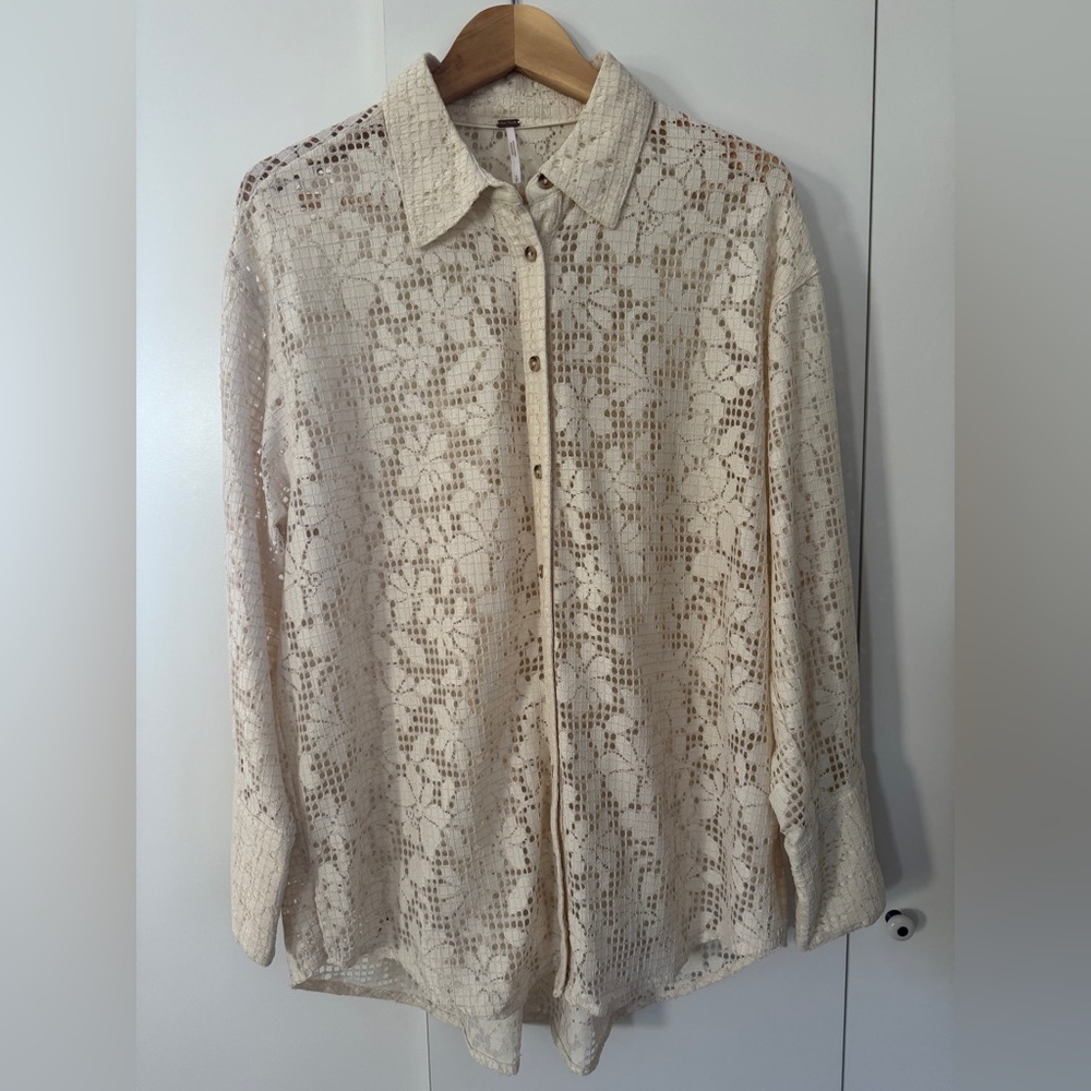 Free People Cream Floral Lace Button-Down Shirt